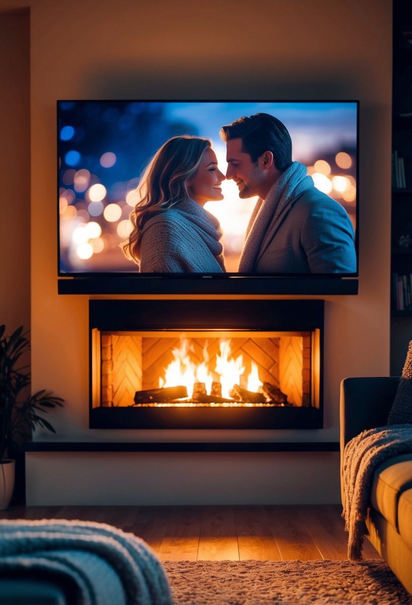 A warm living room with a crackling fire, soft blankets, and a big screen TV showing a romantic movie