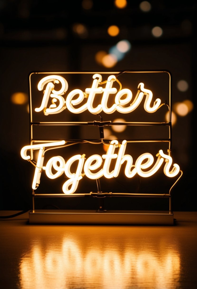 A glowing neon sign with the words "Better Together" against a dark background, creating a warm and romantic ambiance