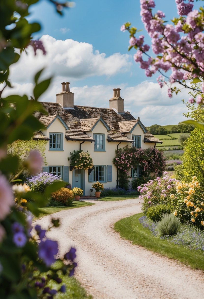 A cozy bed and breakfast nestled in a picturesque countryside, surrounded by blooming flowers and a winding path leading to the front entrance