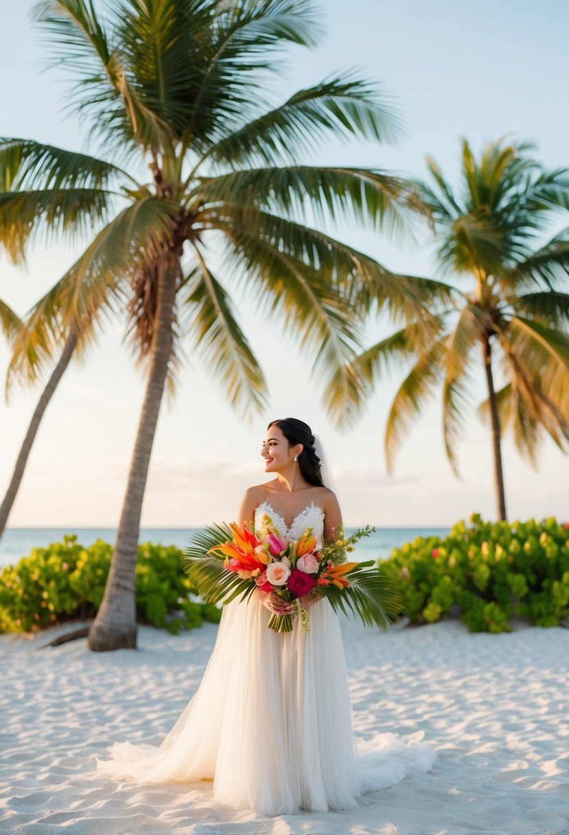 A serene beach wedding with palm trees, white sand, and vibrant tropical flowers