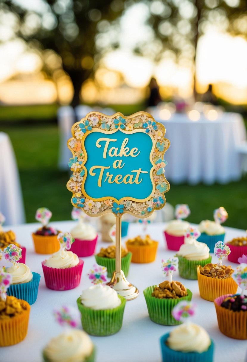 A beautifully decorated "Take a Treat" sign stands on a table surrounded by an array of colorful and delicious wedding favors