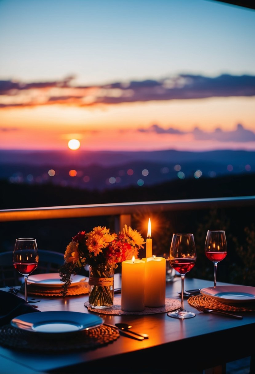 A candlelit dinner table with flowers and wine, overlooking a scenic sunset