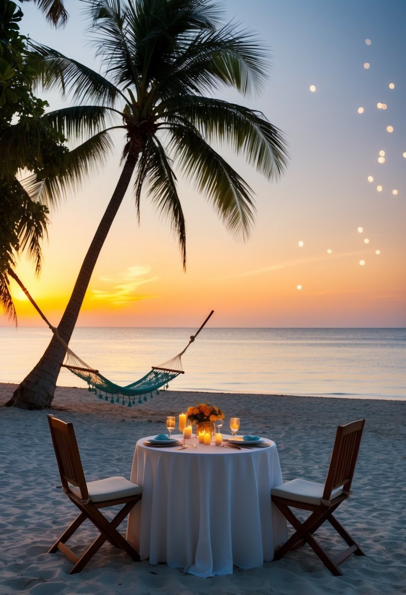 A serene beach at sunset, with palm trees, a hammock, and a table set for two with candles and flowers