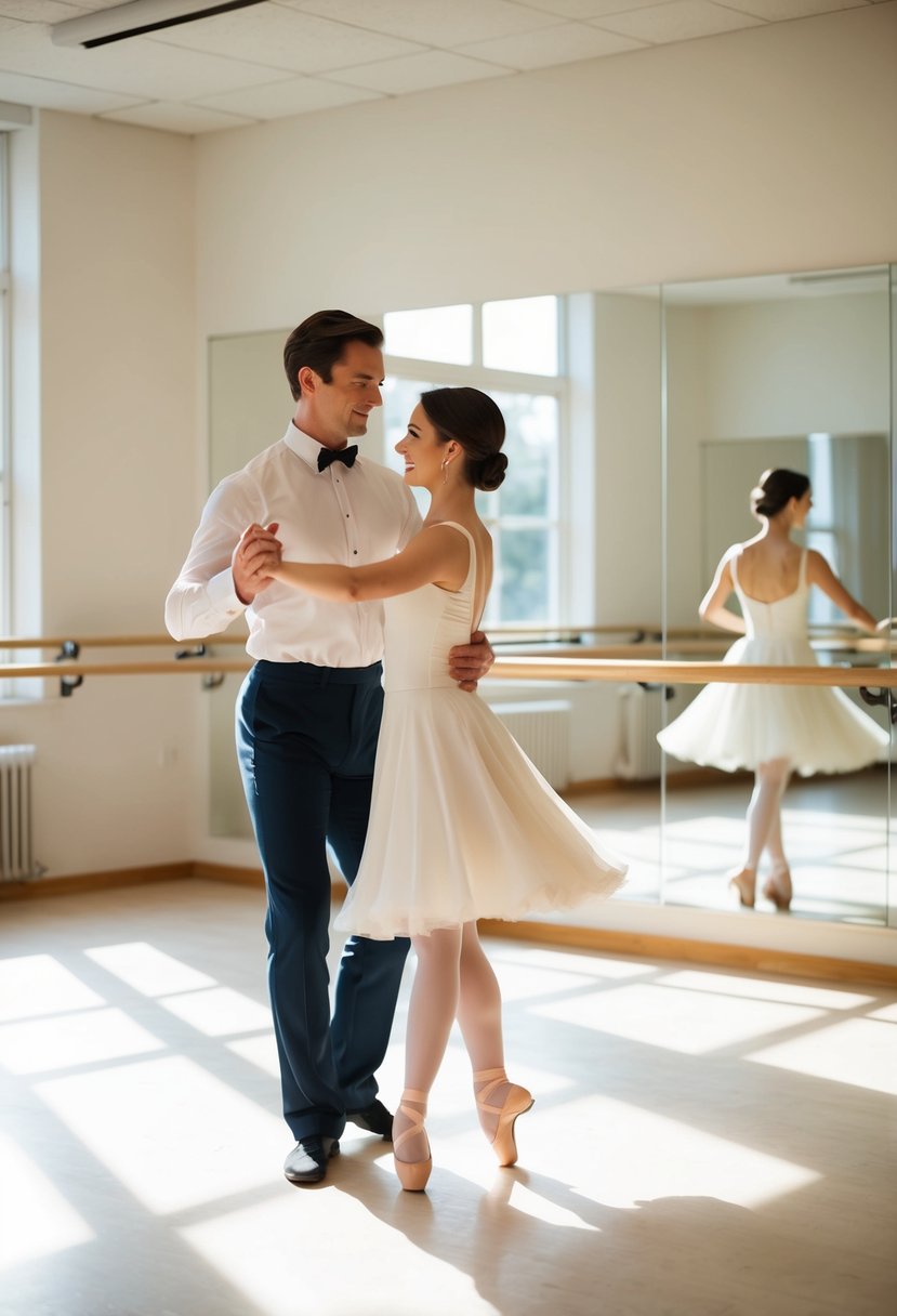 A couple gracefully waltzing in a sunlit studio, surrounded by mirrors and ballet barres, as their dance instructor guides them through the steps