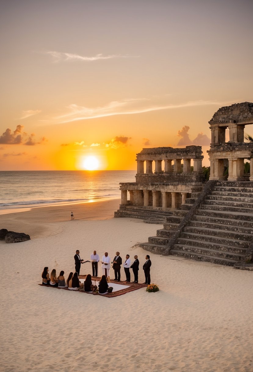 The sun sets over the ancient ruins of Tulum, casting a warm glow on the sandy beach as a small group gathers for a ceremony