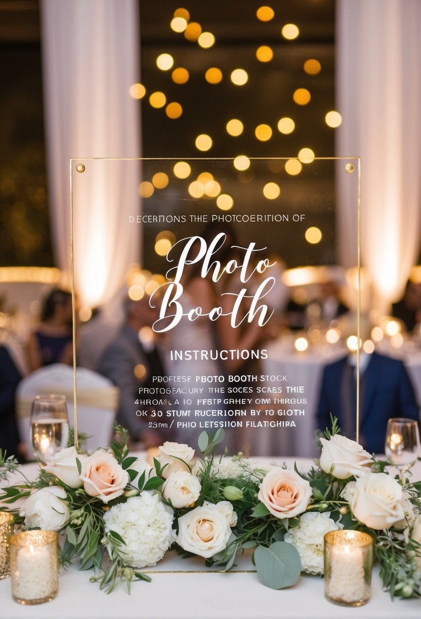 An elegant acrylic sign with photo booth instructions at a wedding reception, surrounded by floral decorations and soft lighting