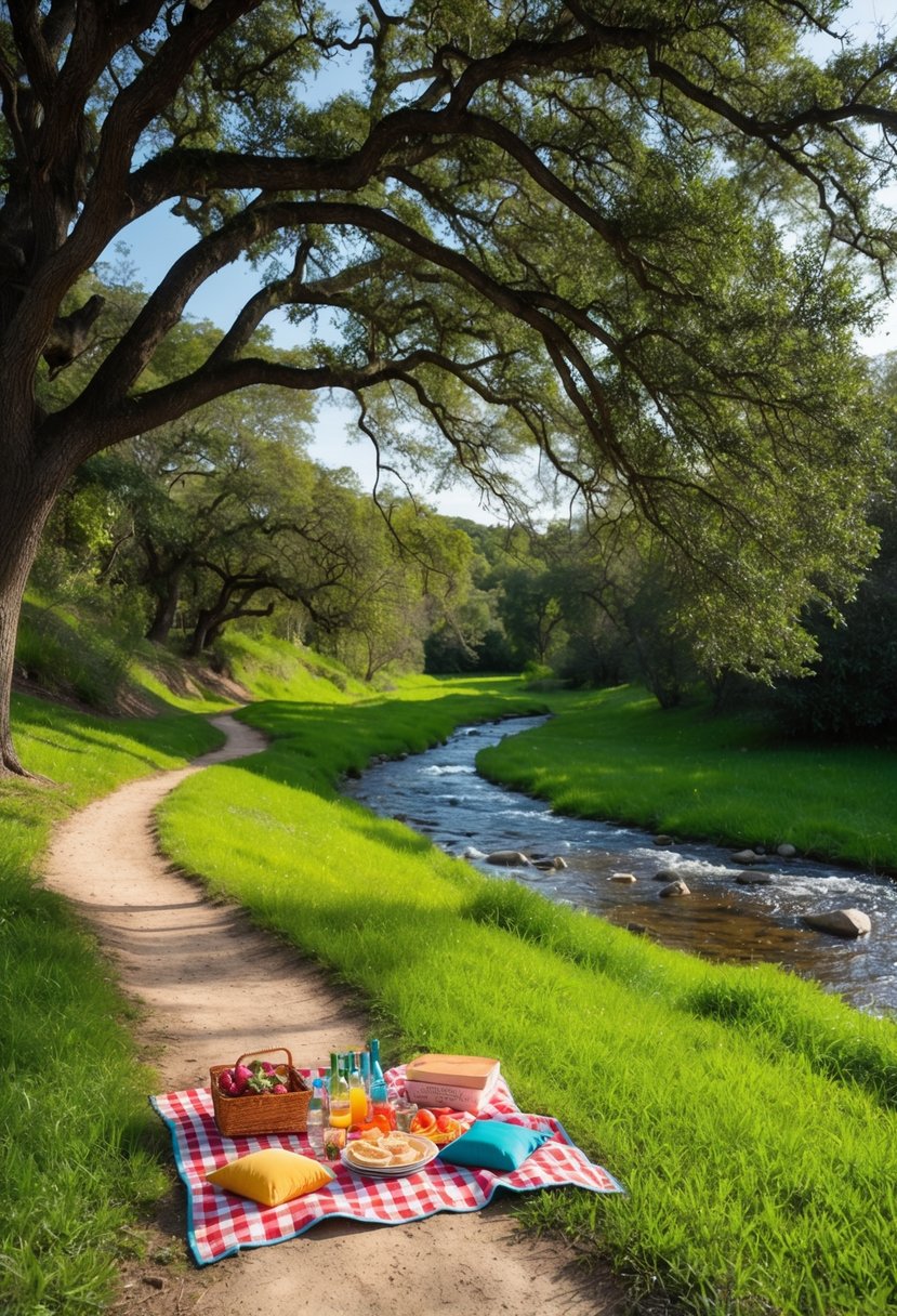 A winding trail leads to a lush clearing with a glistening stream. A colorful picnic spread is set out on a checkered blanket beneath a towering oak tree