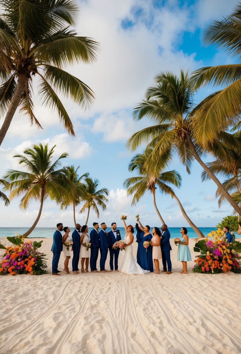 A small group of people gathers on a sandy beach in Puerto Rico, surrounded by palm trees and colorful flowers as they celebrate a destination wedding