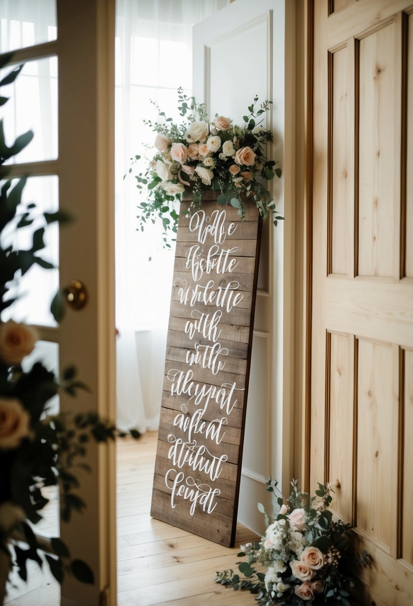 A rustic wooden sign with elegant calligraphy near an open door, surrounded by floral arrangements and soft lighting