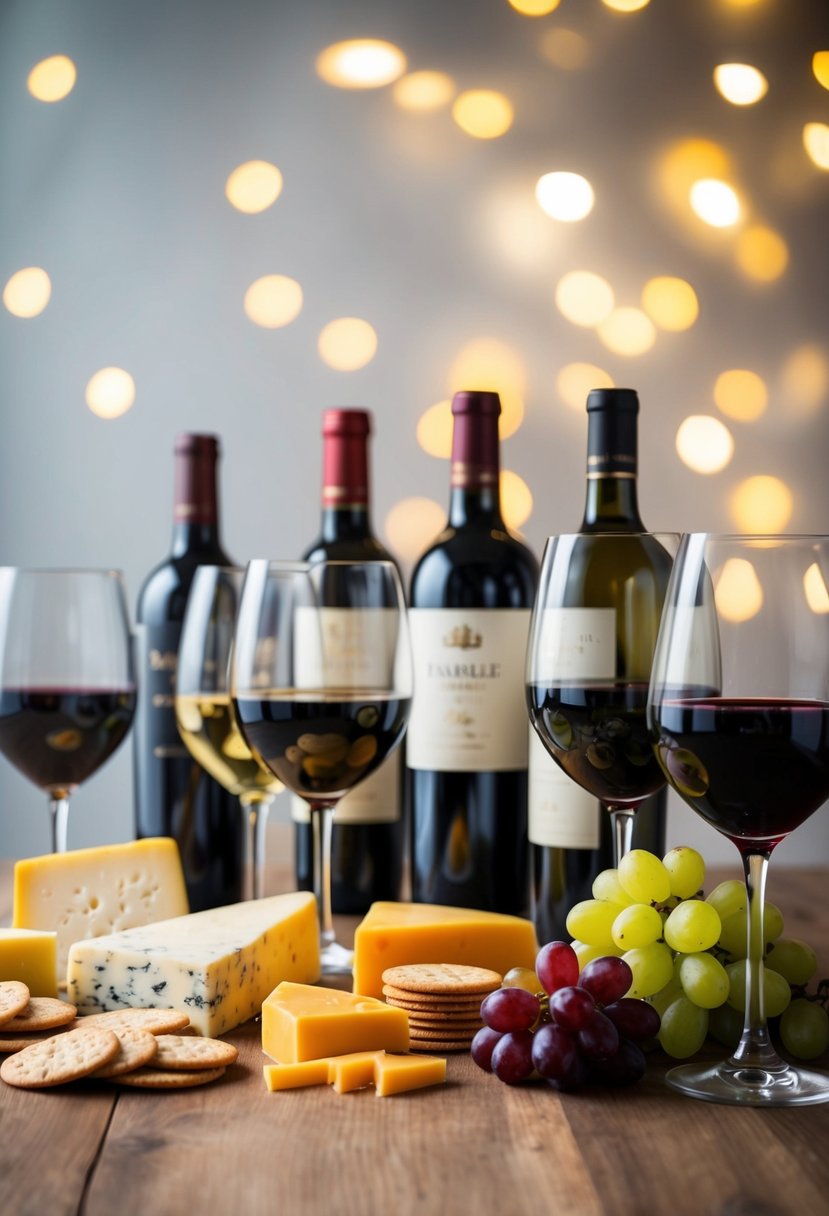 A table set with an assortment of cheeses, crackers, and grapes next to an array of wine glasses filled with different varieties of wine