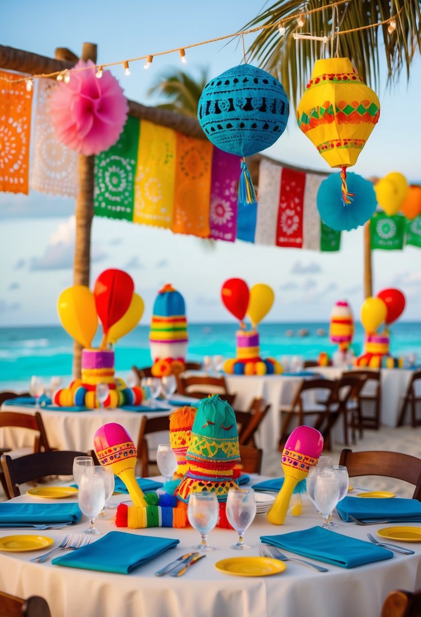 Vibrant papel picado, festive piñatas, and bright maracas adorn a beachside wedding reception in Cancun, creating a colorful and lively fiesta atmosphere