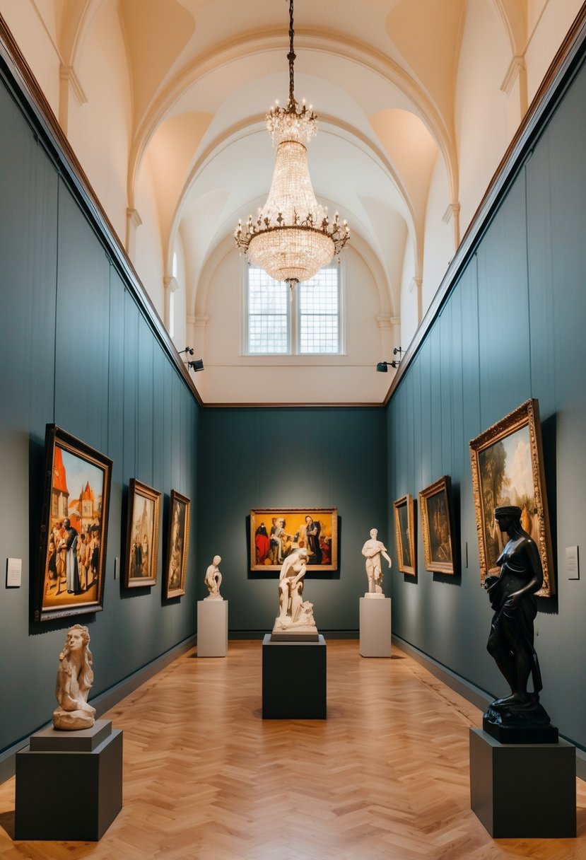 A museum with colorful paintings and sculptures