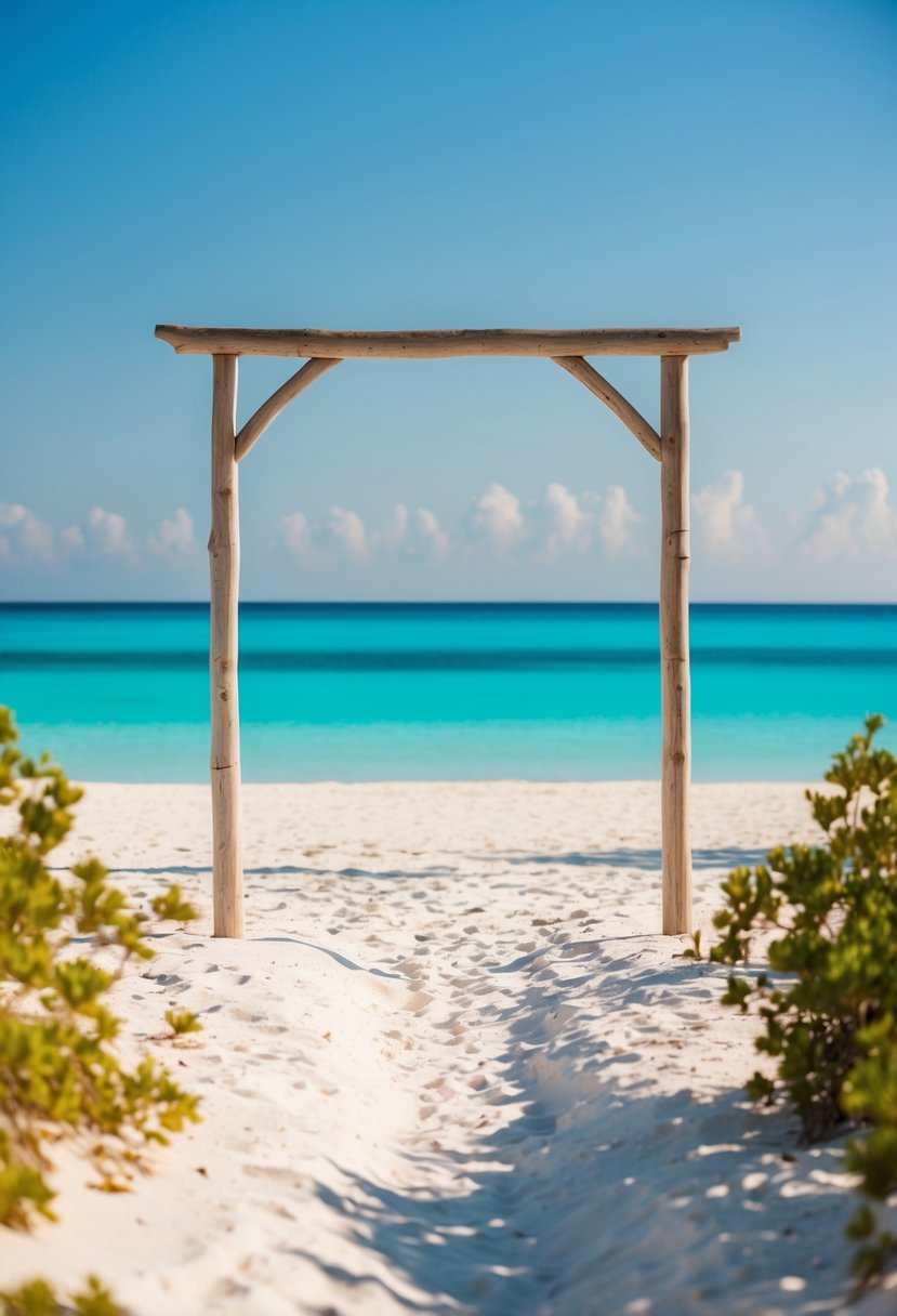 A serene beach setting with a simple wooden arch, white sand, and turquoise waters under a clear blue sky