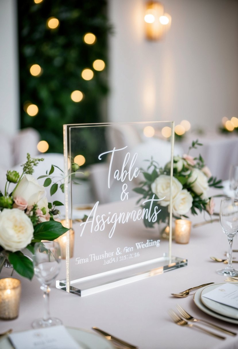 A clear acrylic wedding sign with table assignments displayed in an elegant and modern setting with floral decor and soft lighting