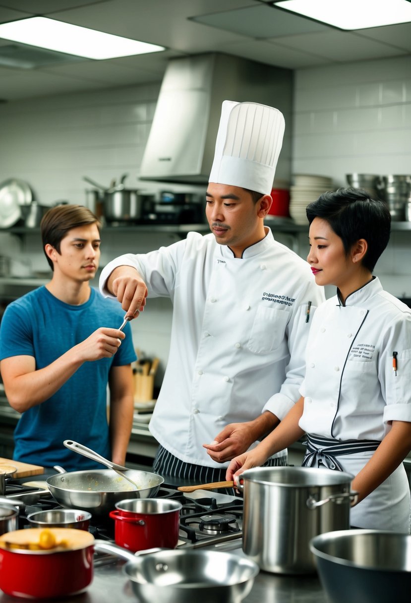 A chef and a student stand at a kitchen counter, surrounded by pots, pans, and utensils. The chef demonstrates a cooking technique as the student watches attentively