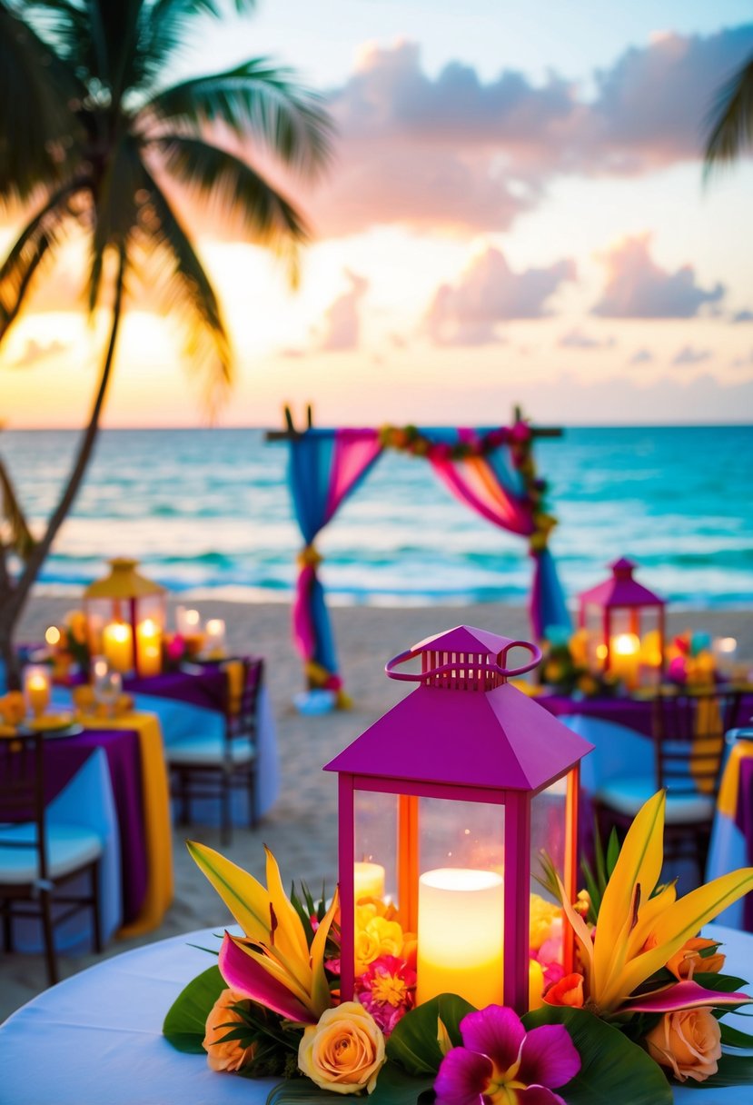 A colorful beach wedding with lanterns, tropical flowers, and a sunset backdrop in Curacao