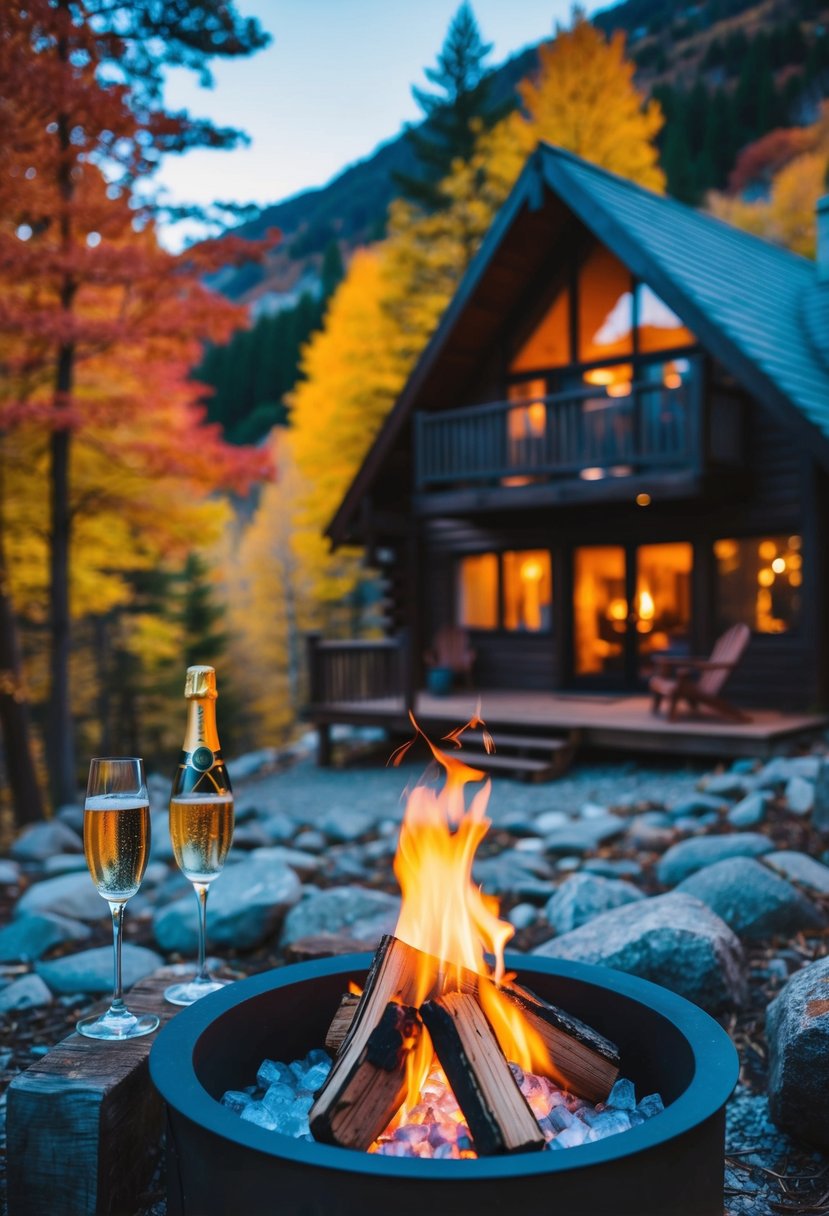 A cozy cabin nestled in the mountains, surrounded by colorful autumn foliage, with a crackling fire and a bottle of champagne on ice