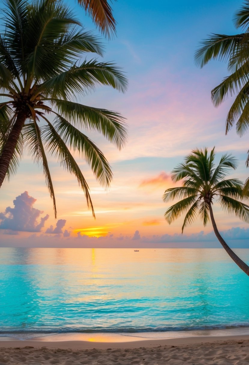 A tranquil beach at sunset, palm trees swaying in the gentle breeze, crystal-clear turquoise waters, and a colorful sky