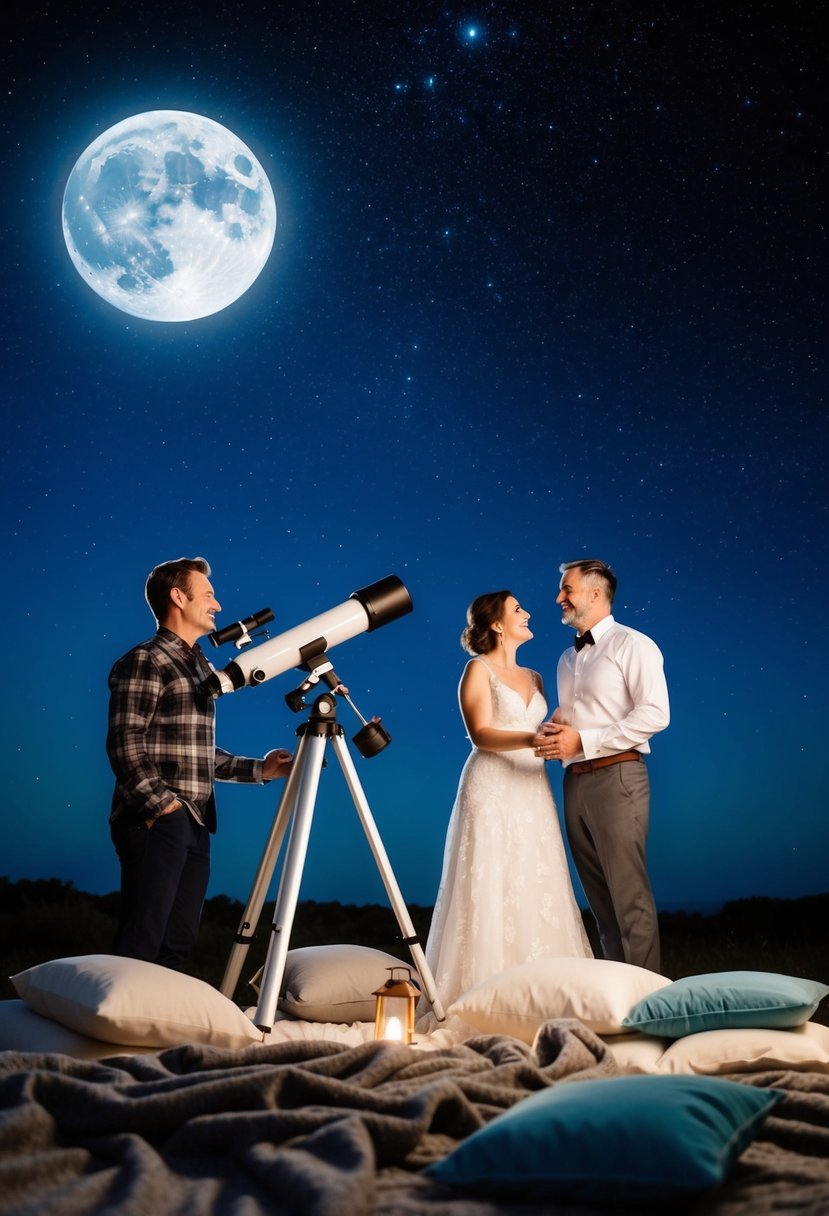 A couple sets up a telescope under a starry night sky, surrounded by blankets and pillows. The moon shines brightly as they celebrate their 38th wedding anniversary