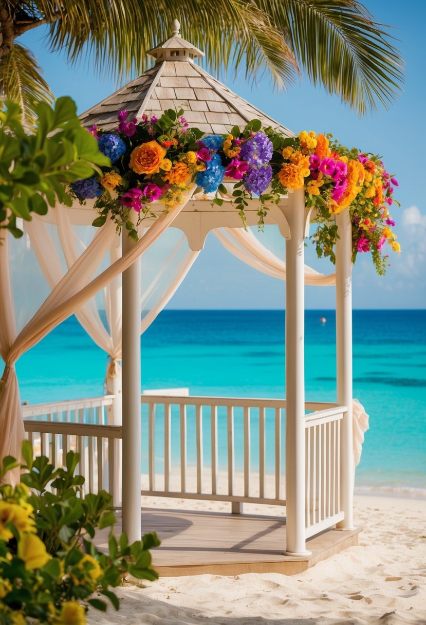 A beachside gazebo adorned with colorful flowers and flowing fabric, overlooking the turquoise waters of Antigua