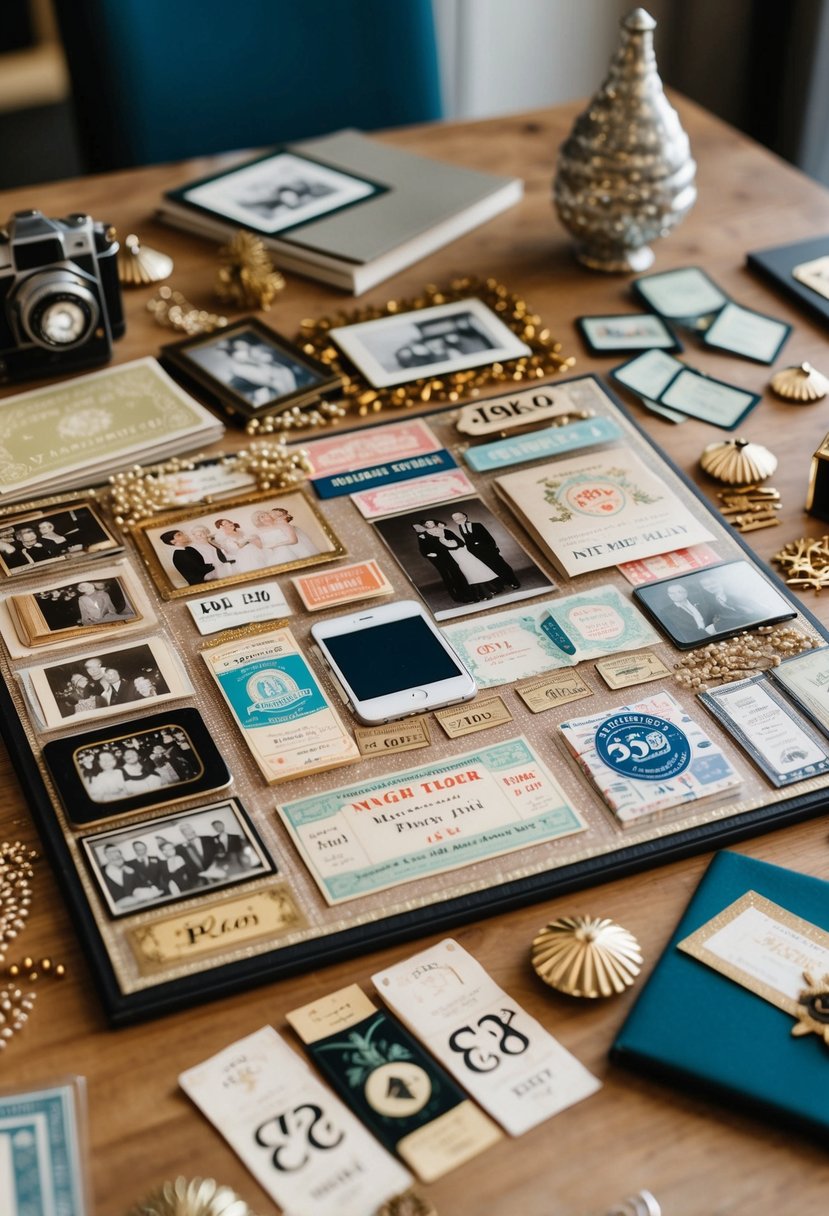 A table with a variety of vintage photos, tickets, and memorabilia arranged in a scrapbook layout, surrounded by decorative embellishments and anniversary-themed accents