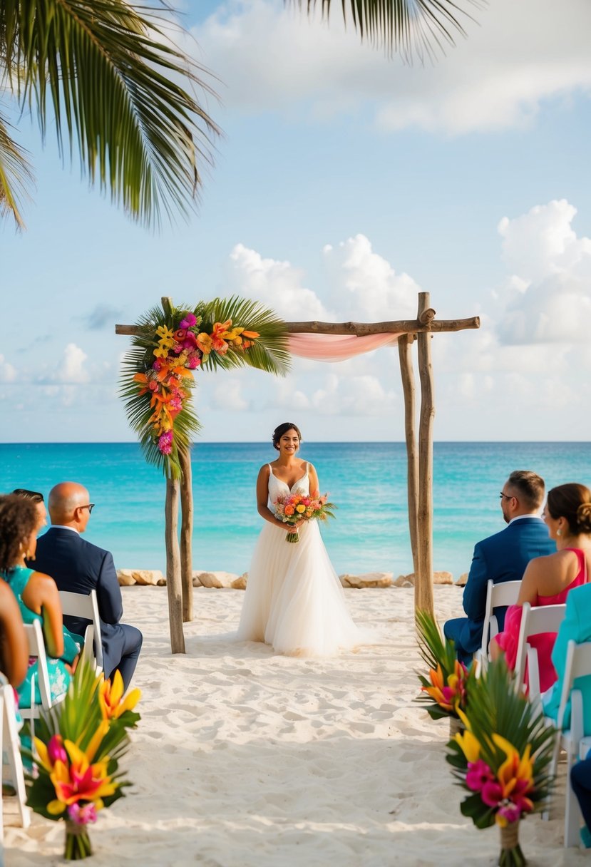 A colorful beach ceremony with tropical flowers, a rustic arbor, and a stunning ocean backdrop for a budget-friendly destination wedding in Aruba