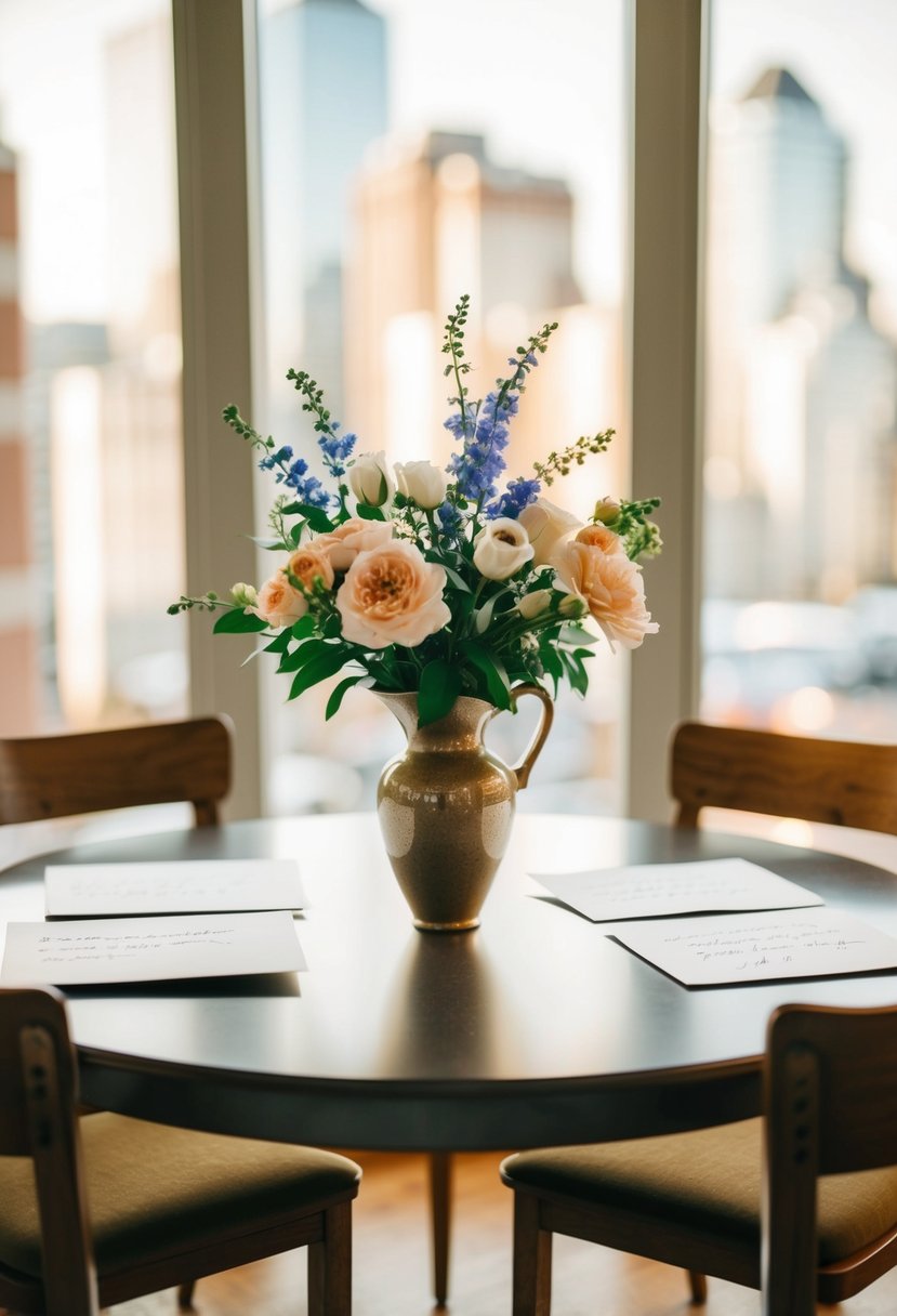 A table set with two chairs, a vase of flowers, and two handwritten letters