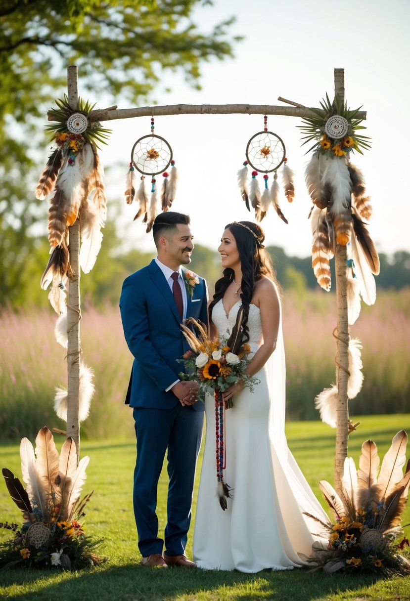 A traditional Native American wedding ceremony with a couple standing under a decorated arch, surrounded by nature and symbolic elements like feathers and dreamcatchers