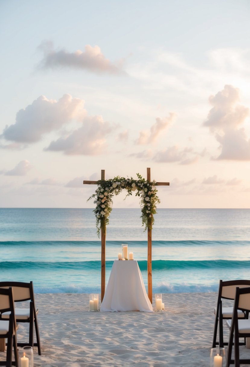 A serene beach setting with a simple, modern altar overlooking the ocean at Moon Palace Cancun