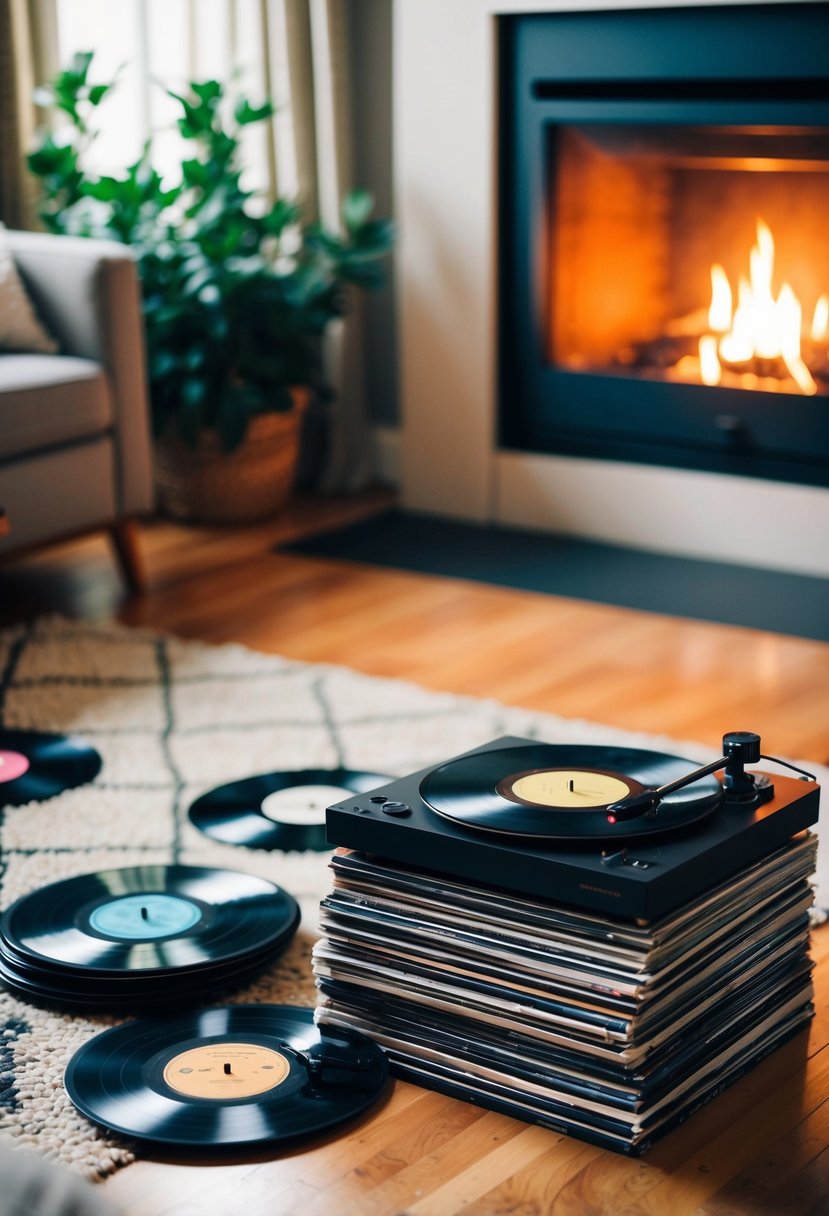 A cozy living room with a crackling fireplace, a vintage record player, and a stack of vinyl records scattered on the floor