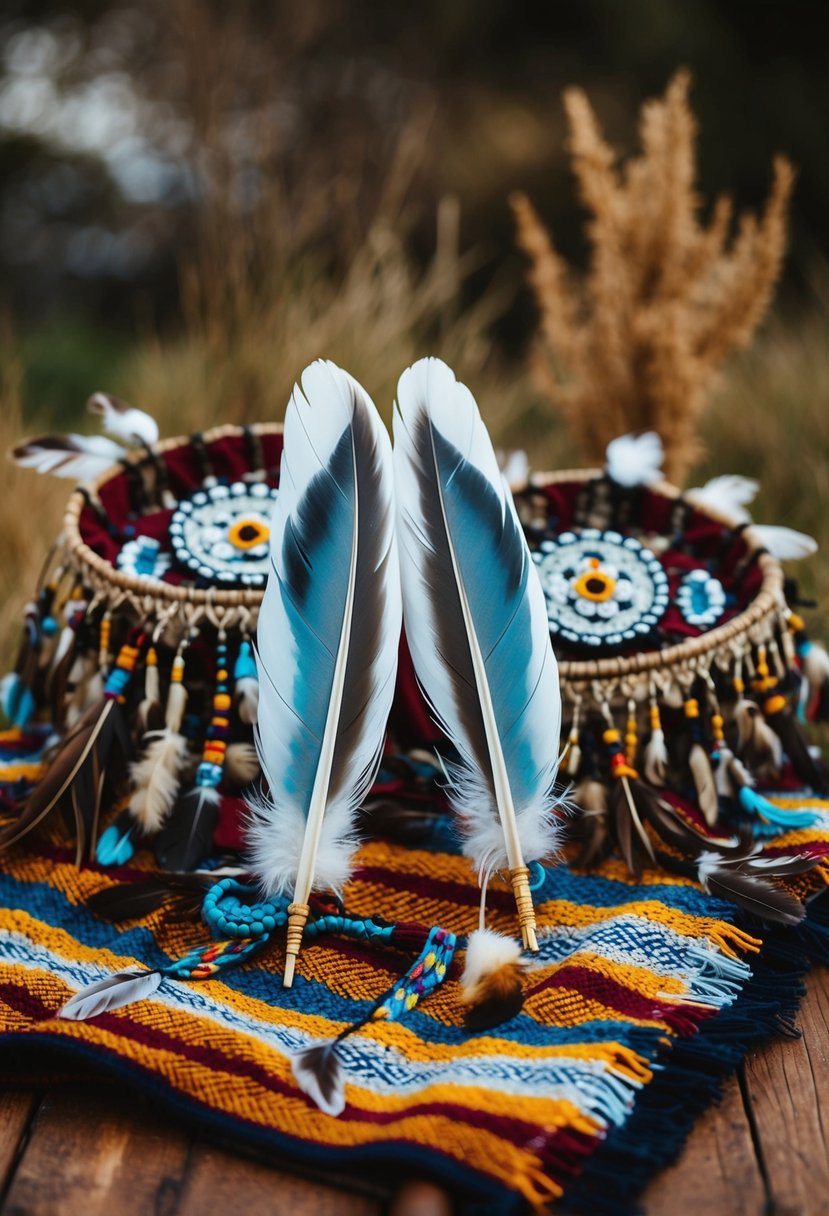 A pair of sacred eagle feathers sit atop a handwoven blanket, surrounded by traditional native American wedding regalia and symbolic elements