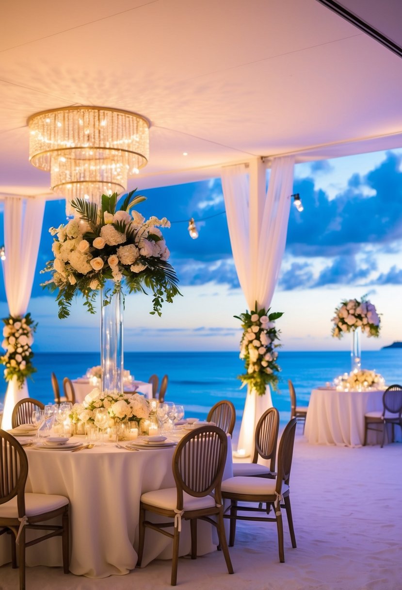 A luxurious beachfront wedding reception with elegant decor, twinkling lights, and a stunning view of the ocean at Le Blanc Los Cabos