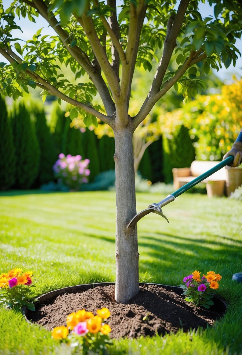 A mature tree being planted in a sunny backyard, surrounded by lush green grass and colorful flowers