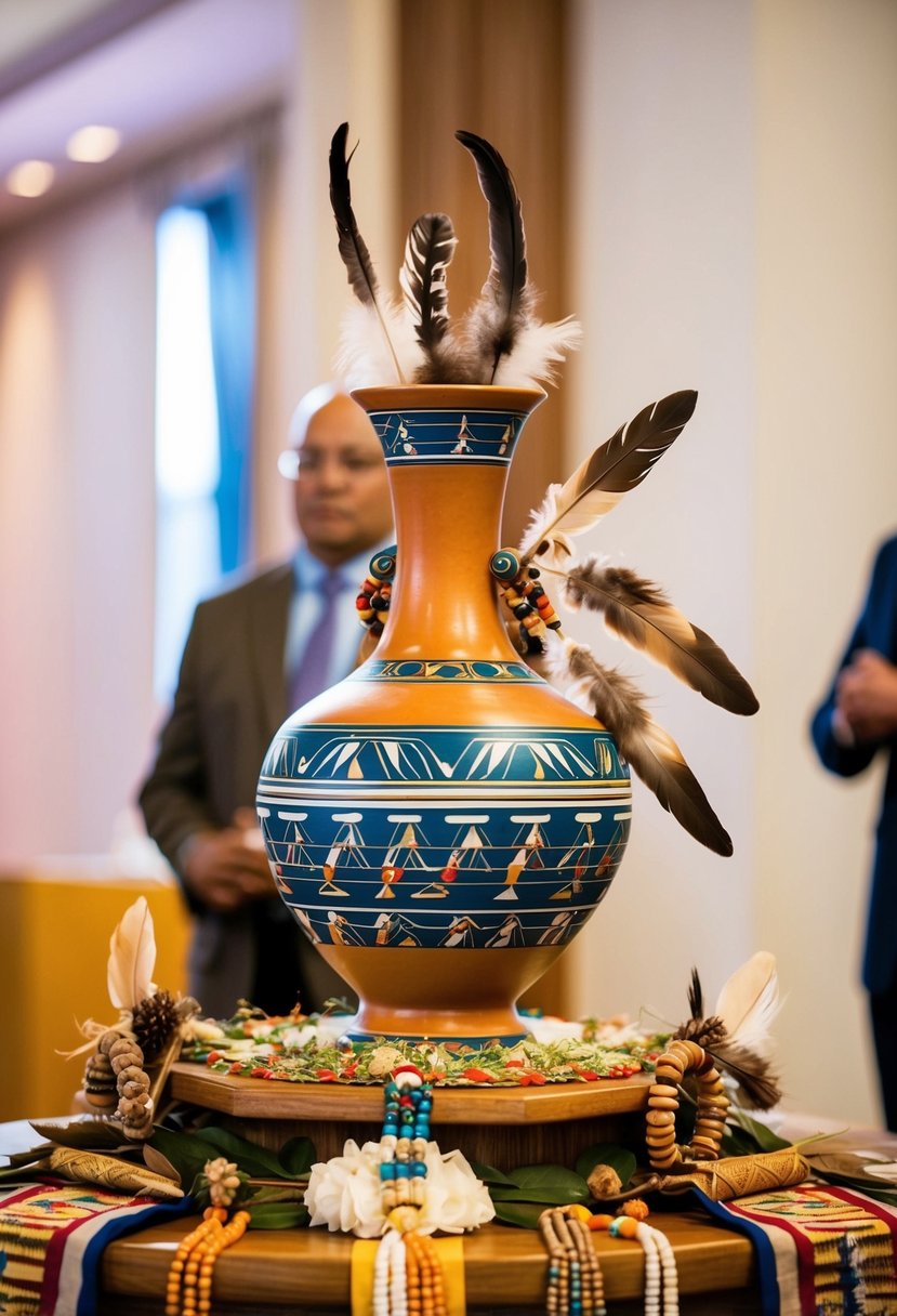 A traditional Native American wedding ceremony with a decorated vase placed on a ceremonial altar, surrounded by symbolic elements like feathers, beads, and natural materials