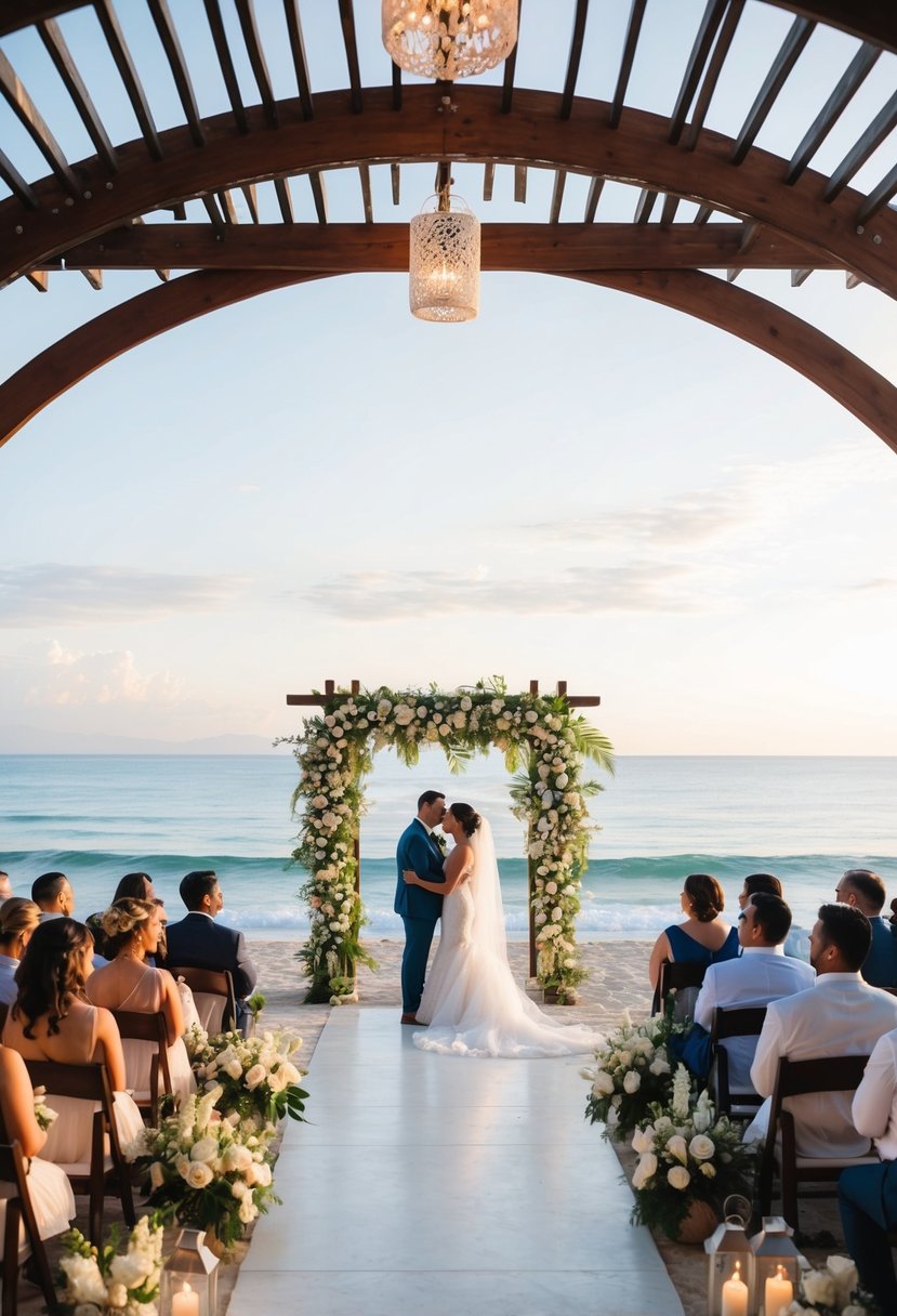 A beachfront wedding ceremony at Hard Rock Vallarta with elegant decor and stunning ocean views