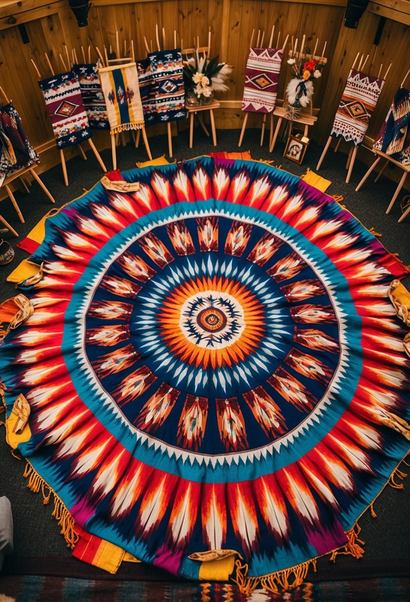 A circle of colorful blankets arranged in a ceremonial setting with traditional Native American wedding symbols and decor