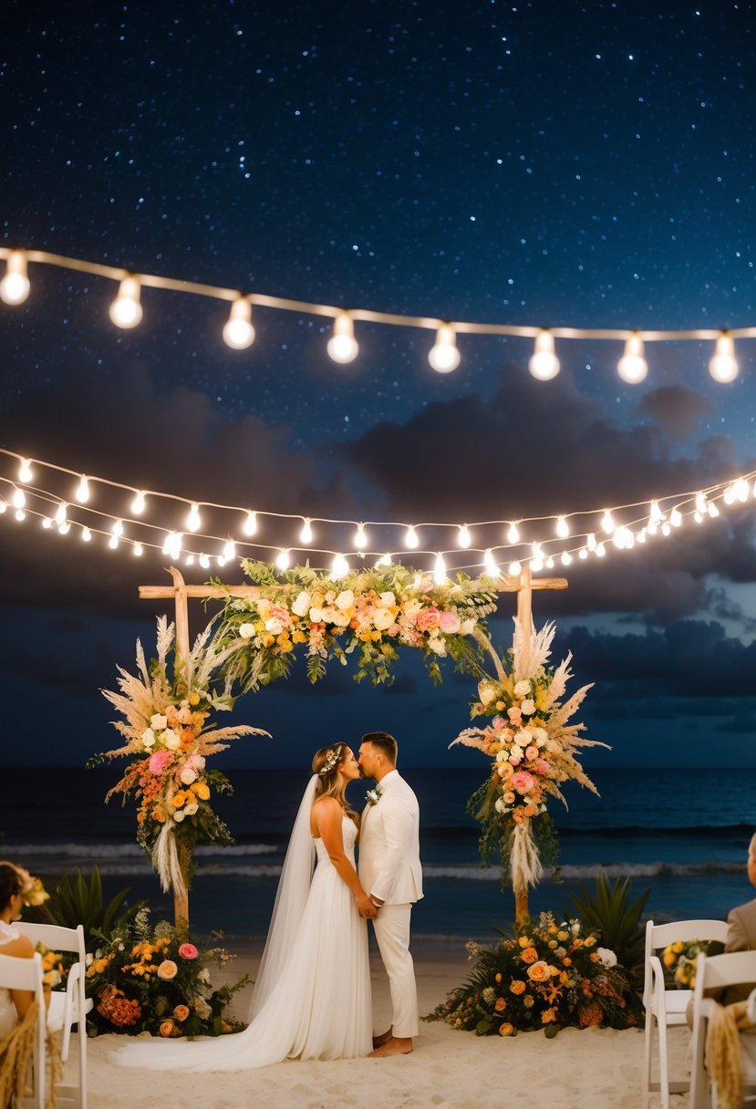 A seaside wedding with bohemian decor, twinkling lights, and vibrant florals under a starry sky at Dreams Bahia Mita