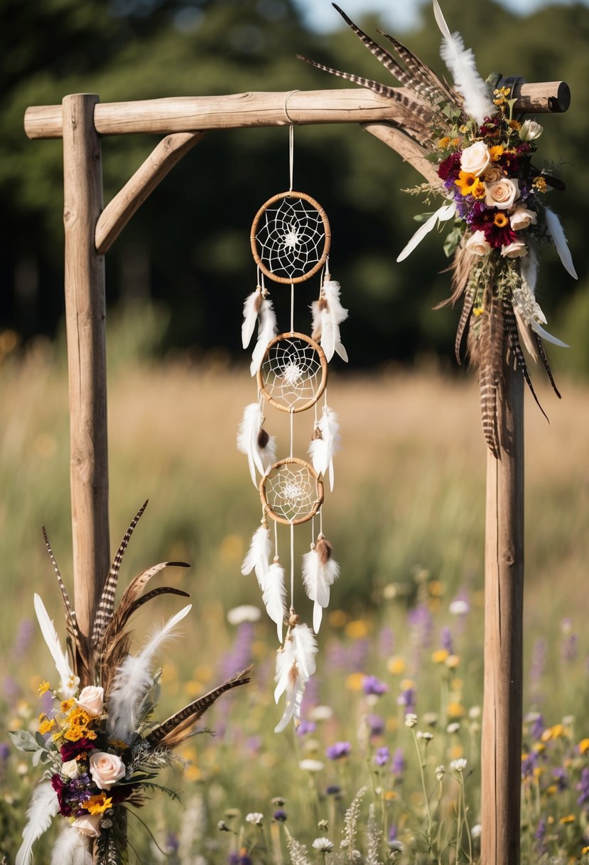 A rustic wedding scene with dreamcatcher decorations hanging from a wooden arch, surrounded by wildflowers and feathers