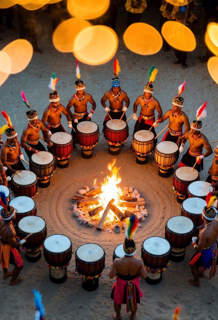 A circle of drums and dancers around a central fire, with colorful decorations and traditional regalia