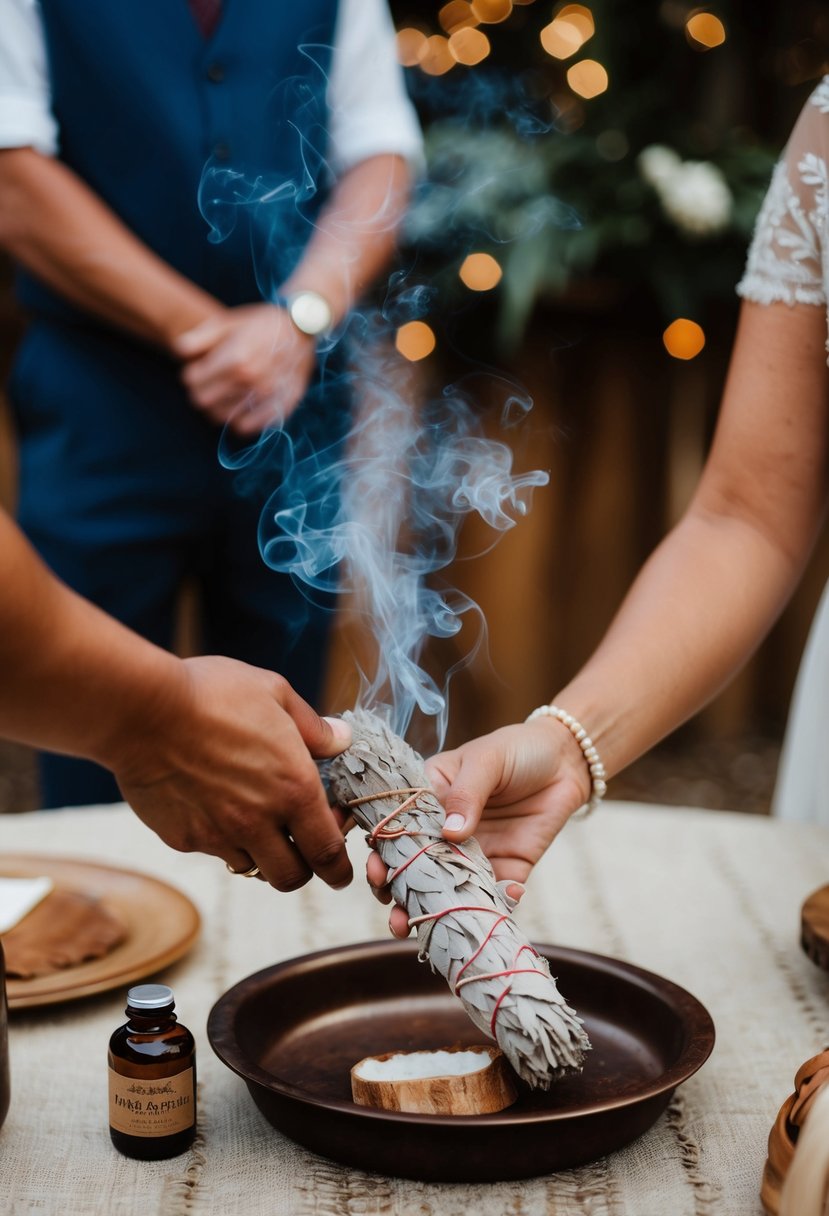 A Native American sage smoke cleansing ceremony in a rustic wedding setting