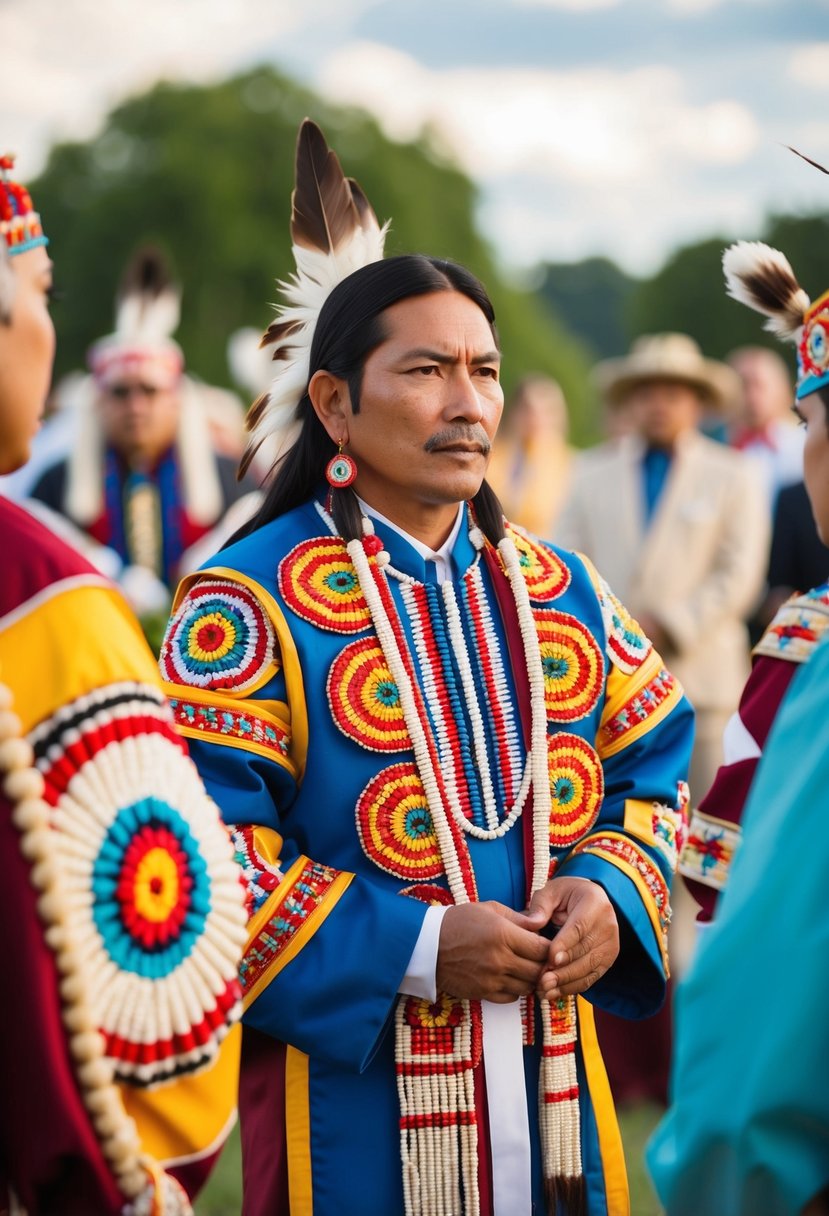 A traditional Native American wedding ceremony with intricate rosette beading on ceremonial garments and accessories