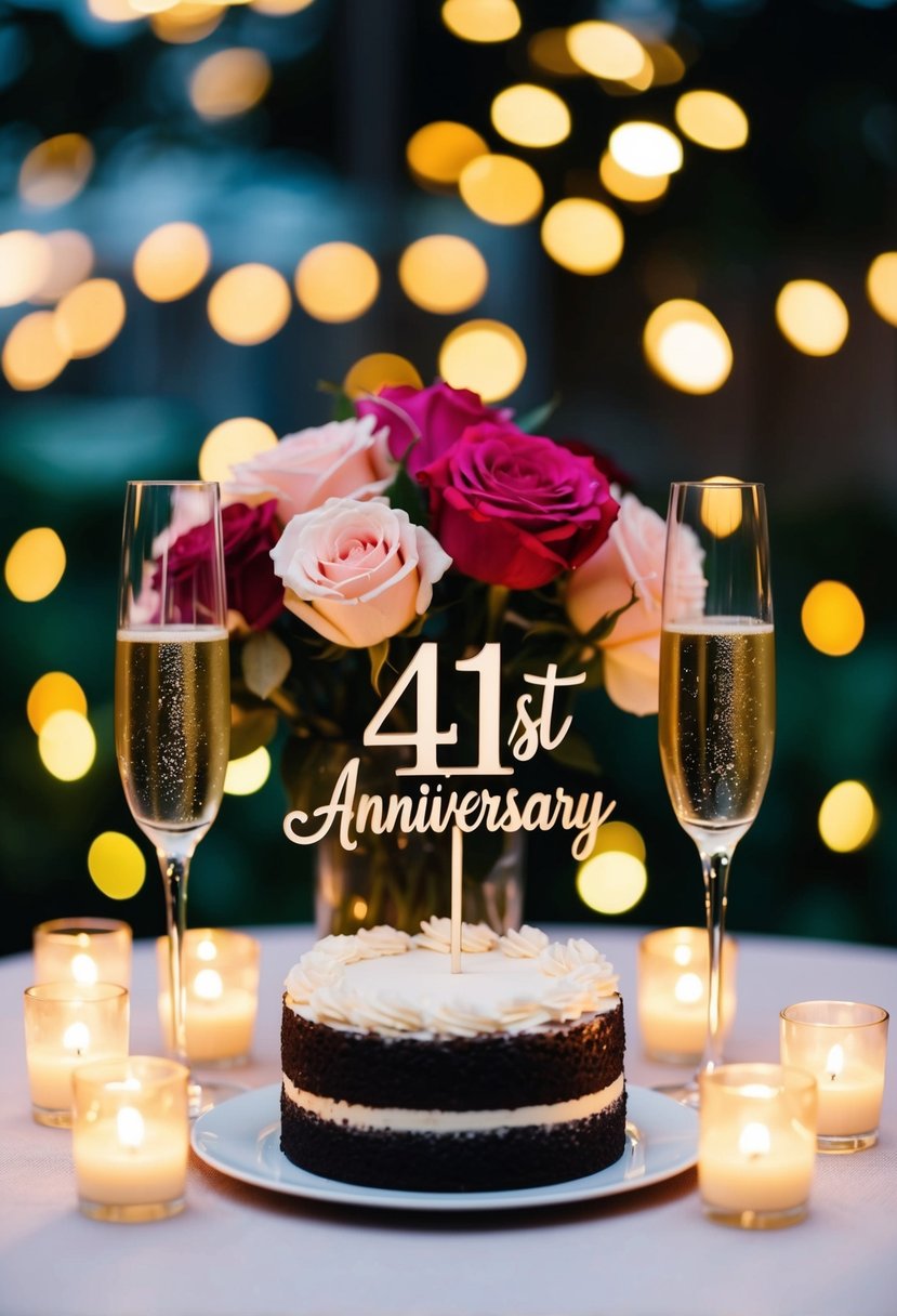 A table set with two champagne glasses, a bouquet of roses, and a small cake with "41st Anniversary" topper, surrounded by flickering candles