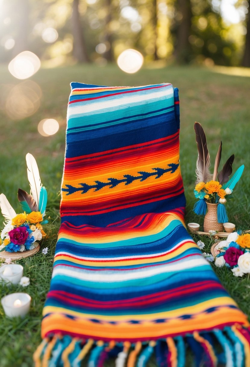 A colorful woven blanket with traditional Native American patterns, surrounded by symbolic wedding items like feathers, beads, and flowers