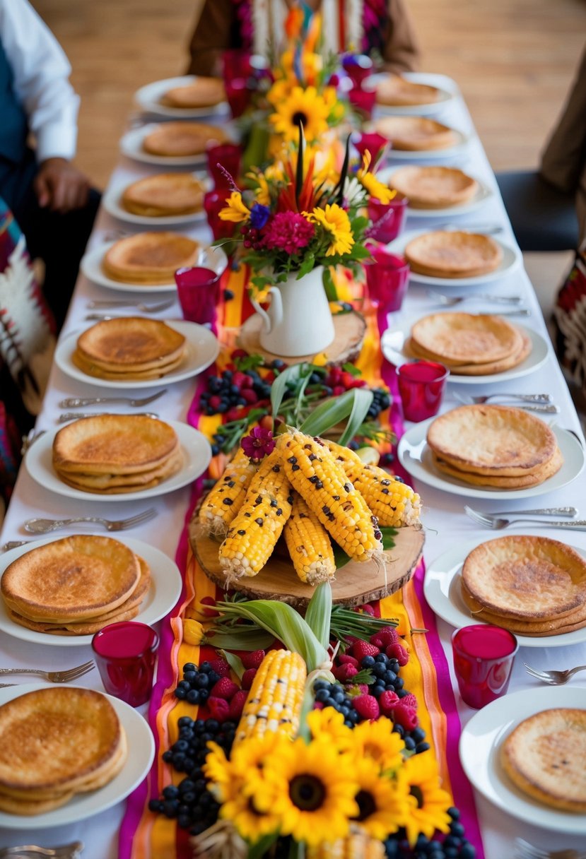 A colorful spread of fry bread, berries, and corn create a festive wedding feast. Traditional Native American decor adorns the table