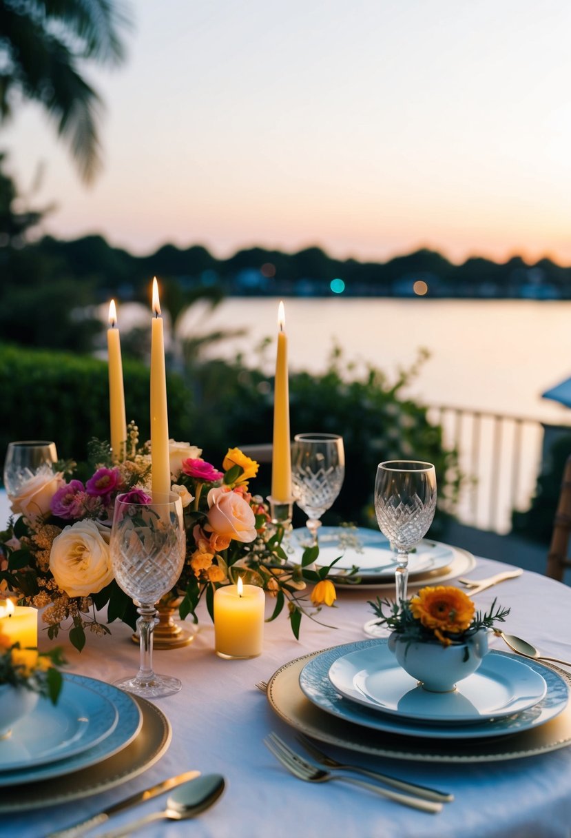 A candlelit table set for two, adorned with fresh flowers and fine china, overlooking a serene garden or waterfront view