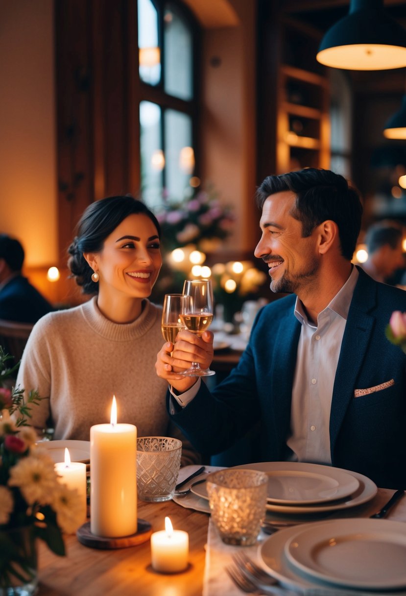 A couple sits at a candlelit table in a cozy restaurant, surrounded by flowers and soft music. They smile and clink their glasses, reminiscing about their first date 41 years ago