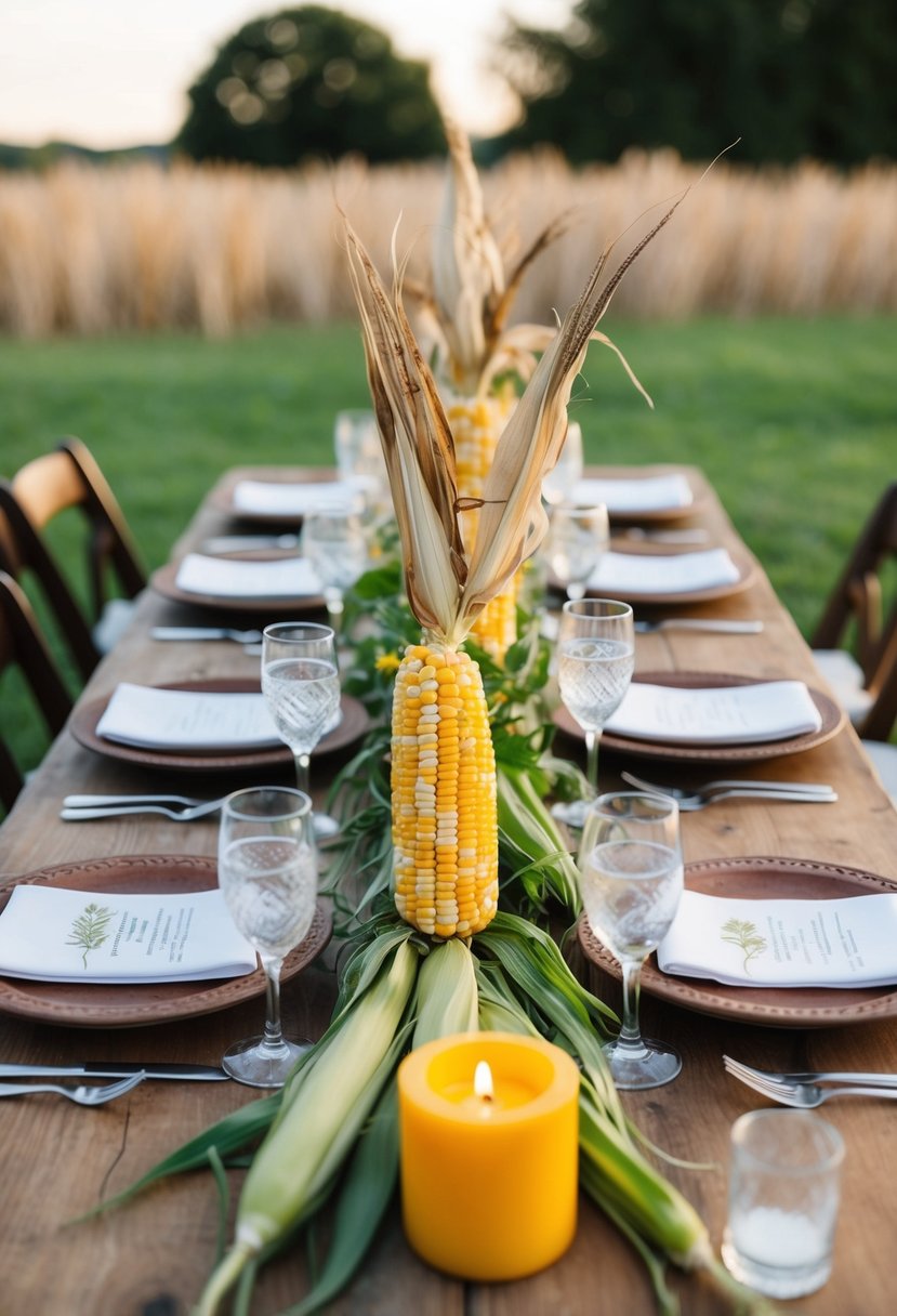 A rustic table adorned with corn and bean centerpieces, evoking a Native American wedding celebration