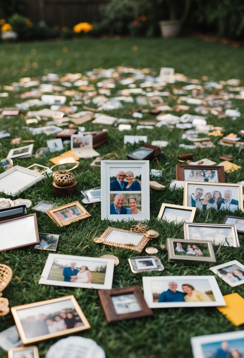 A backyard filled with scattered photos, trinkets, and mementos from 41 years of marriage, each holding a special memory for the couple