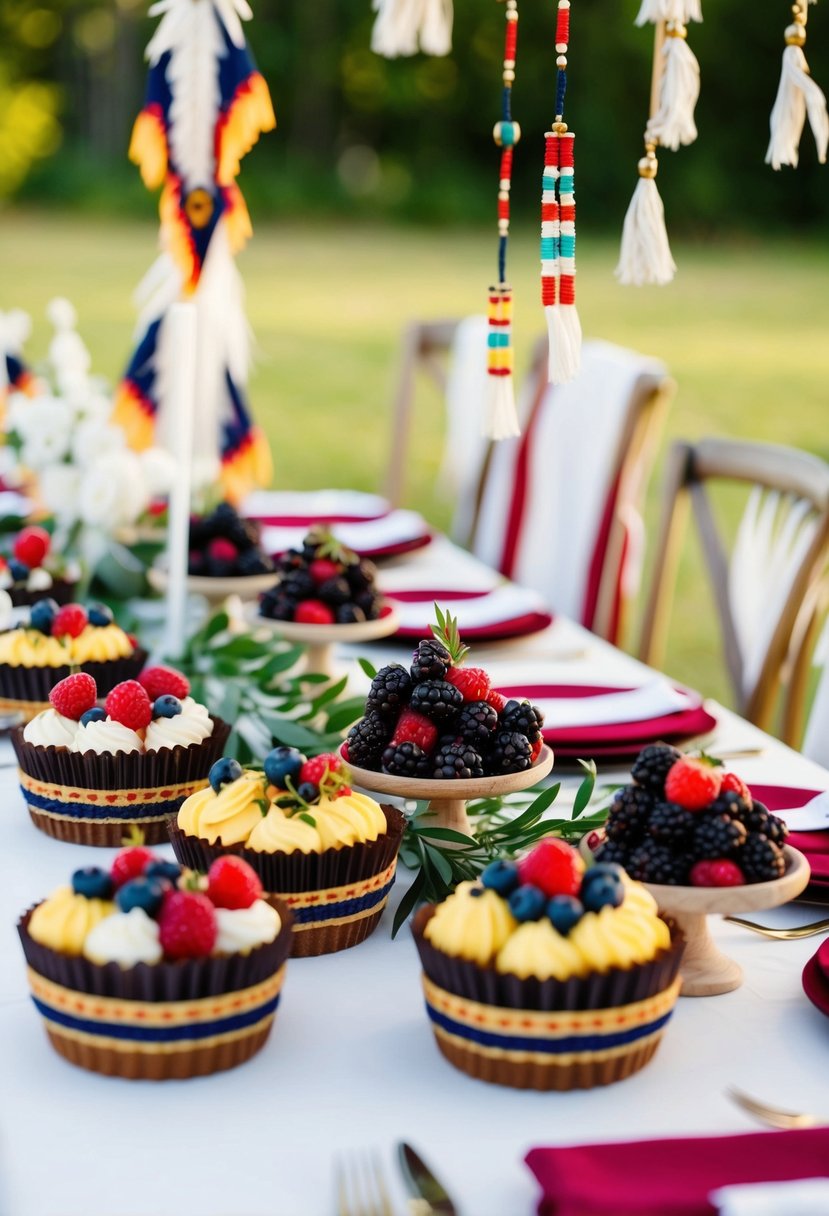 A table set with assorted wild berry desserts, adorned with traditional Native American wedding decor