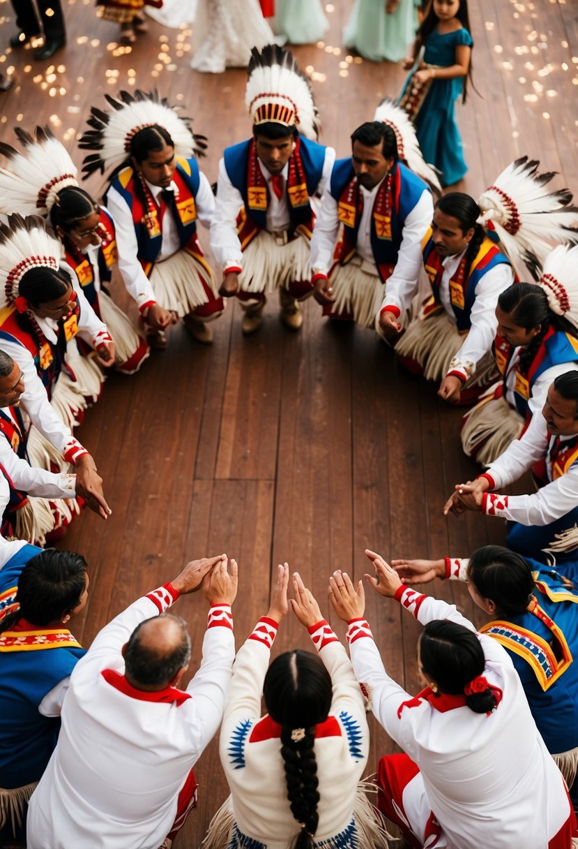 A circle of Native American dancers in traditional attire at a wedding celebration